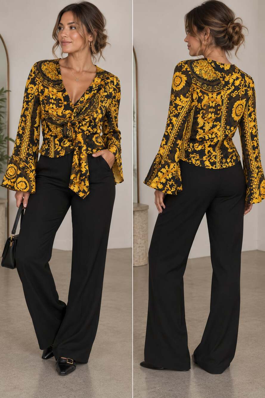 Missguided Gold Baroque Print Tie Front Flare Sleeve Top
M160